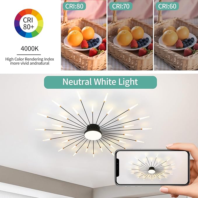 ziidoo Modern Ceiling Light,30+1 Lights Metal Firework Designed Chic Led Lighting Fixture for Farmhouse Kitchen Dining Room Bedroom Hallway Living Room (Black)