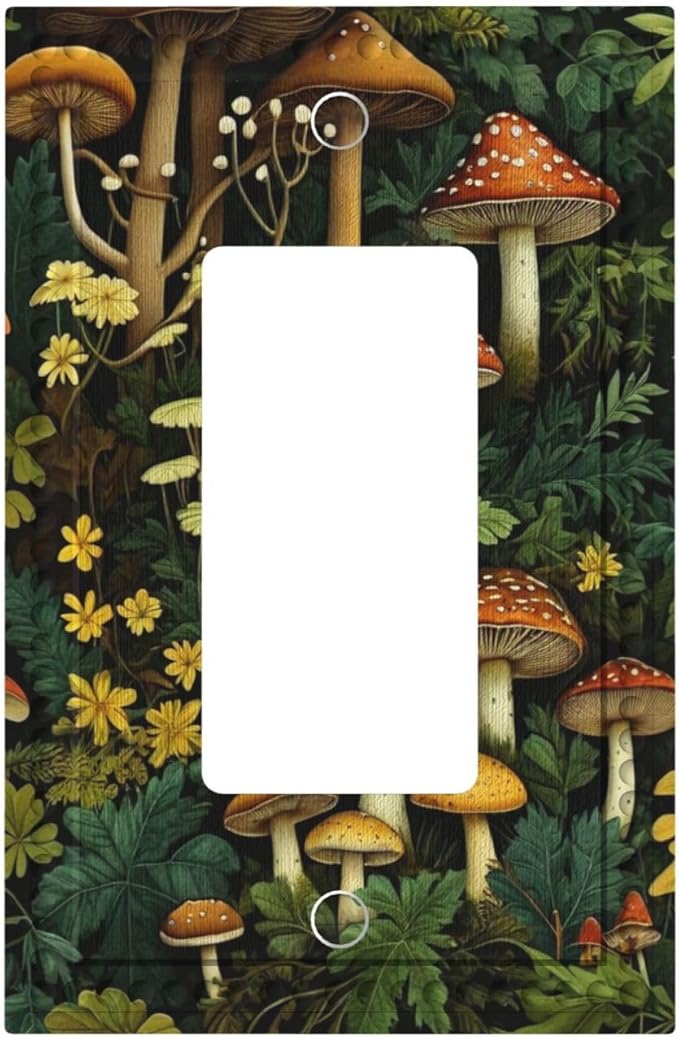 Mushrooms Forest Nature Botanical Art Single Decora Outlet Wall Plate 1 Gang Rocker Decorative Switchplate Faceplate GFCI Light Switch Covers for Farmhouse Living Decor