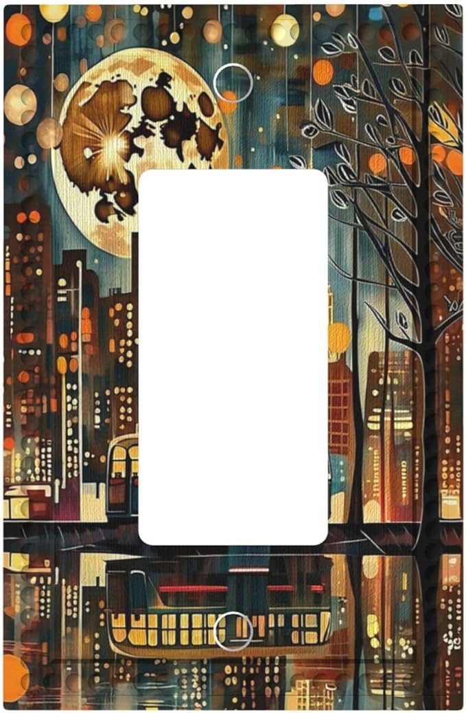 City Light Moon Bus Abstract Art Single Decora Outlet Wall Plate 1 Gang Rocker Decorative Switchplate Faceplate GFCI Light Switch Covers for Home Living Decor