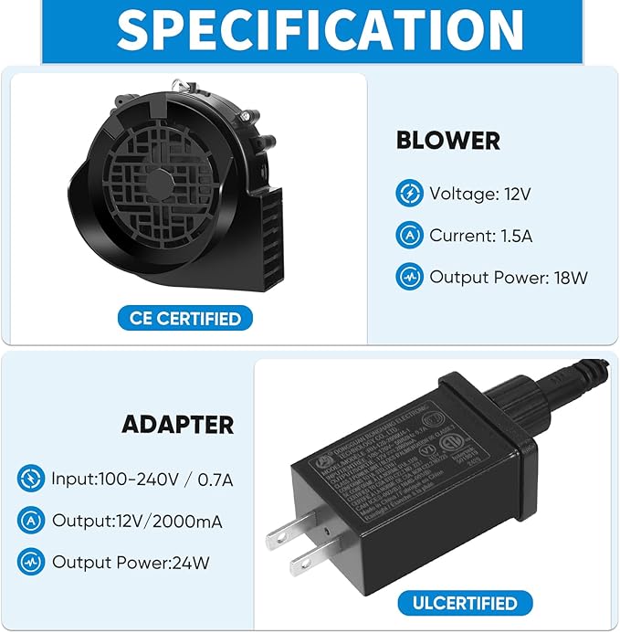 Replacement 1.5A Air Blower Fan for Inflatables, 8 Bright LED Light with Waterproof 2.0A Adapter, 12V Motor for Blow Up Yard Christmas Thanksgiving Outdoor Holiday Decorations