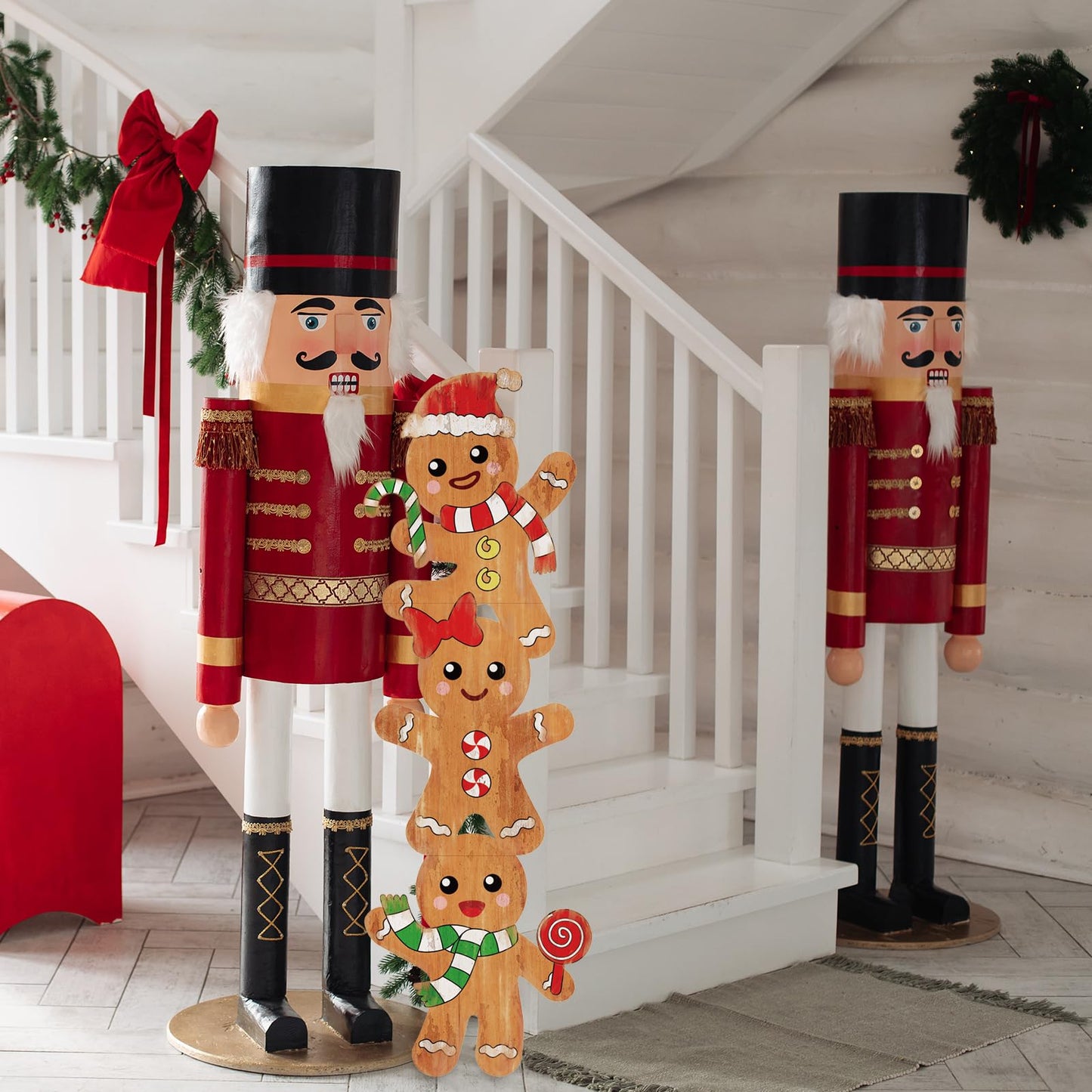 Whaline 41.7in Christmas Gingerbread Man Wooden Porch Sign Hanging Welcome Sign Farmhouse Front Door Hanger for Xmas Home Party Wall Decoration