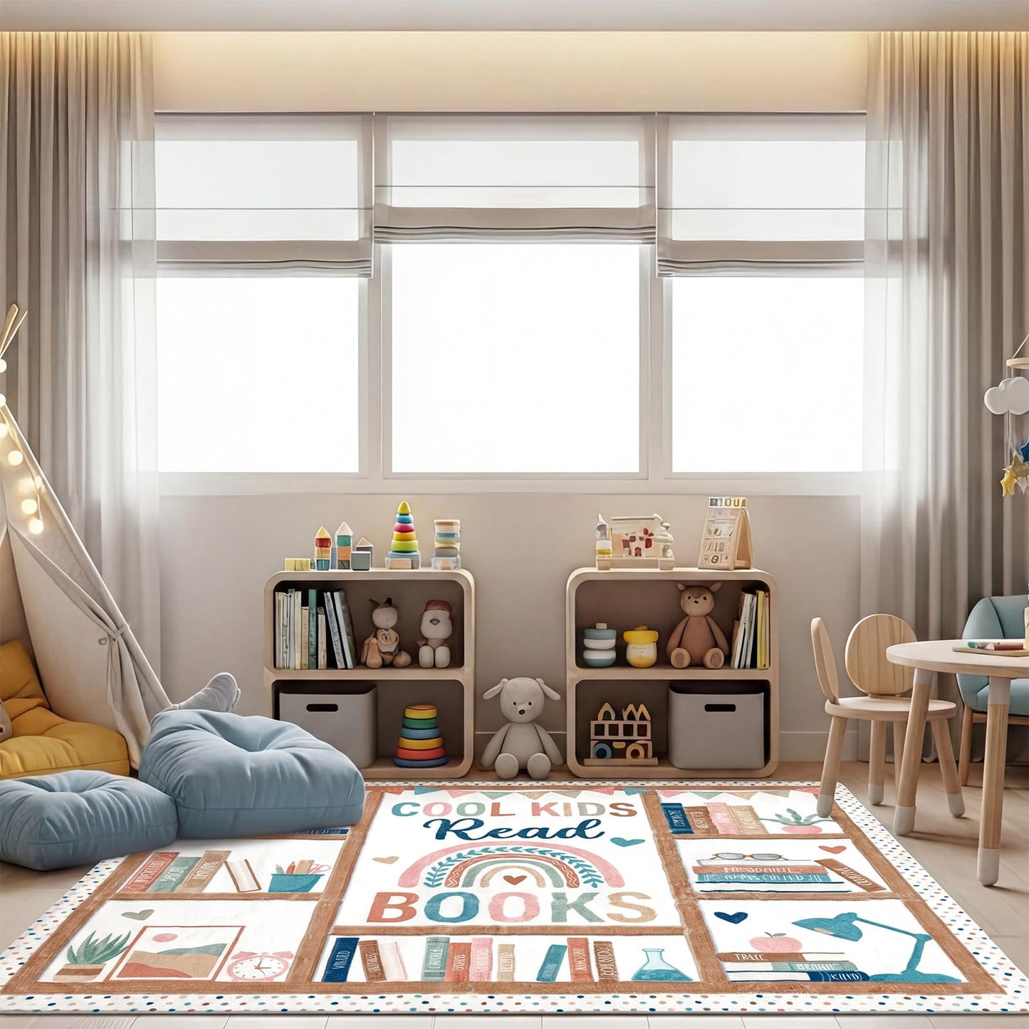 Klyyo Clyro 3.3 x 3.9 ft Boho Classroom Rug Library Reading Rug Calming Corner Mat Bookshelf Mental Health Area Washable Non Slip Soft Fluffy Carpet for School Bedroom Living Room Playroom