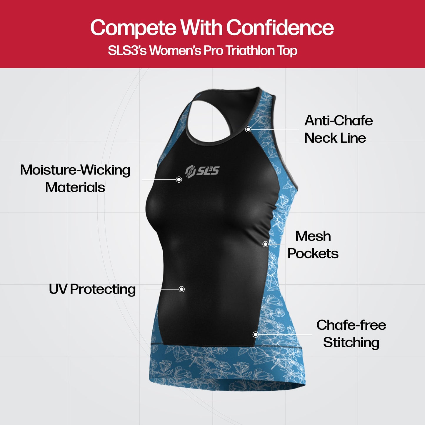 SLS3 Triathlon Top Women - Sleeveless Tri Top Women - Comfortable & Great Fit Triathlon Shirts or Singlet, No Shelf Bra (Iris Blue Floral, Large)