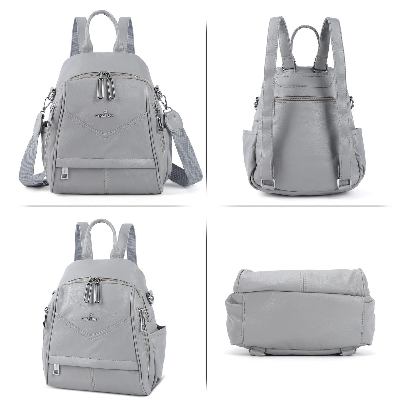 Angel Kiss Small Backpack Purse for Women,Soft Vegan Leather Roomy Backpacks,Designer Ladies Shoulder Backpack Fashion Handbag with Removable Strap,Grey