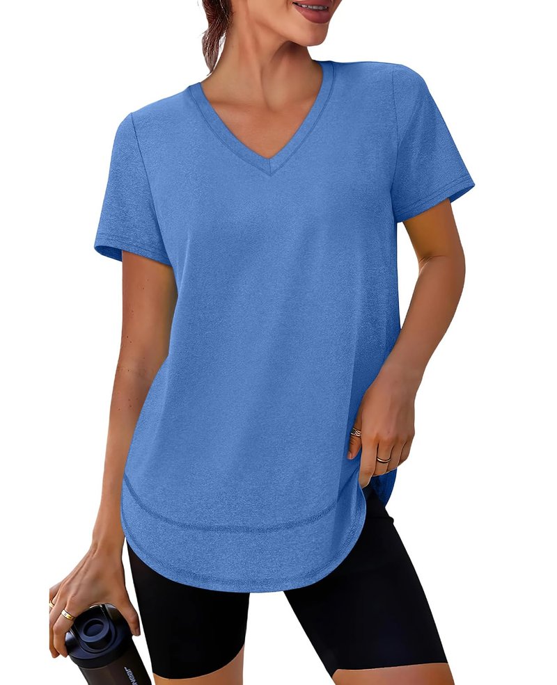 Workout Tops for Women Spring Summer Short Sleeve Golf Outfits Gym Essentials Activewear Running Shirts V Neck Blue S