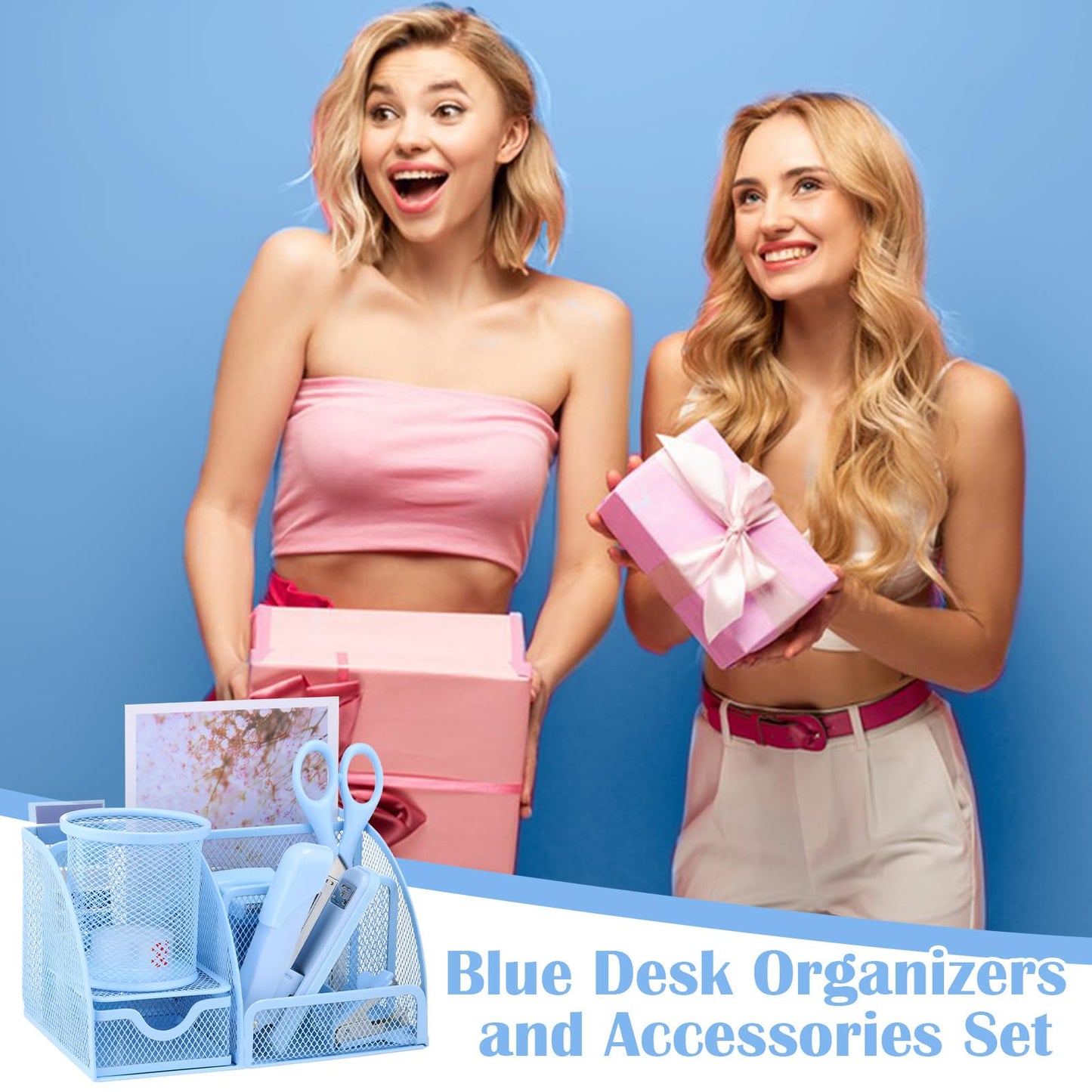 11 in 1 Blue Desk Organizer and Accessories, Blue Desk Accessories Light Blue Office Supplies Include Blue Stapler Blue Tape Dispenser Pen Holder Staple Remover Clips Ruler Scissors Tapes Tabs
