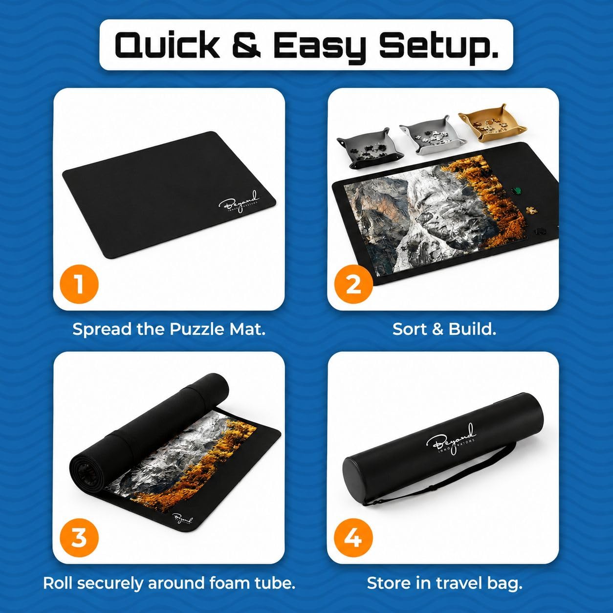 Jigsaw Puzzle Mat Roll Up – 47" x 26" | 3 Sorting Trays, 3 Fastening Straps, Foam Tube, & Travel Friendly Storage Bag | Non-Slip Rubber Puzzle Matt Rollup - Up to 1500 Pieces