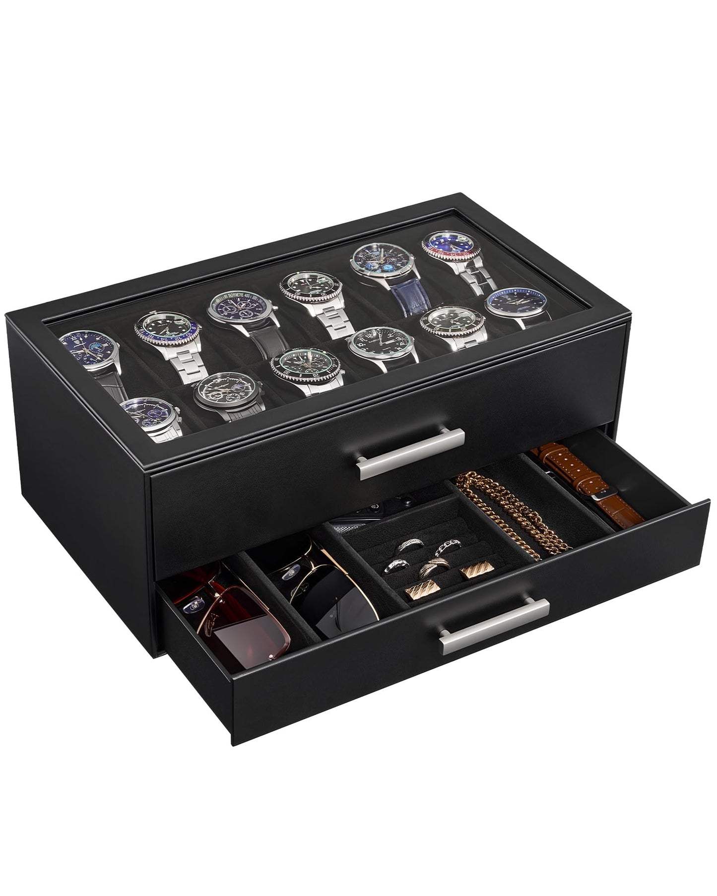 ProCase Black 12 Slot Watch Box and Black 2-Slot Watch Travel Case Bundle, 2-Tier Pull-Out Drawer Organizer, Clear Top Display Lid, Jewelry and Sunglasses Storage, Portable PU Leather Watch Holder