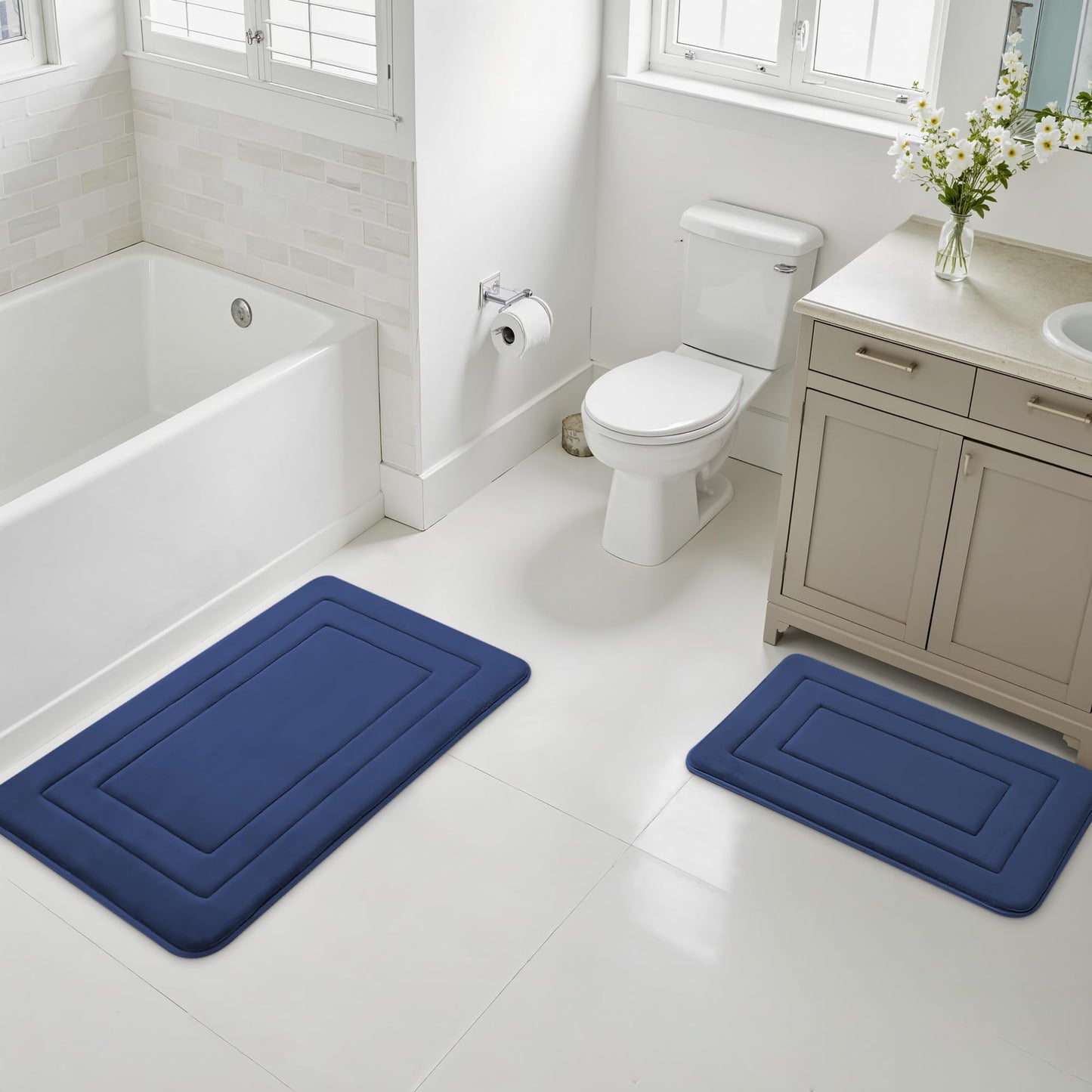 Cupic Cupid Super Soft Memory Foam 20" x 32" Bath Mats for Bathroom Floor Shower & Tub, Navy Blue Bathroom Rugs Non Slip Washable, Water Absorbent Bath Rugs, Quick Dry Bath Carpet