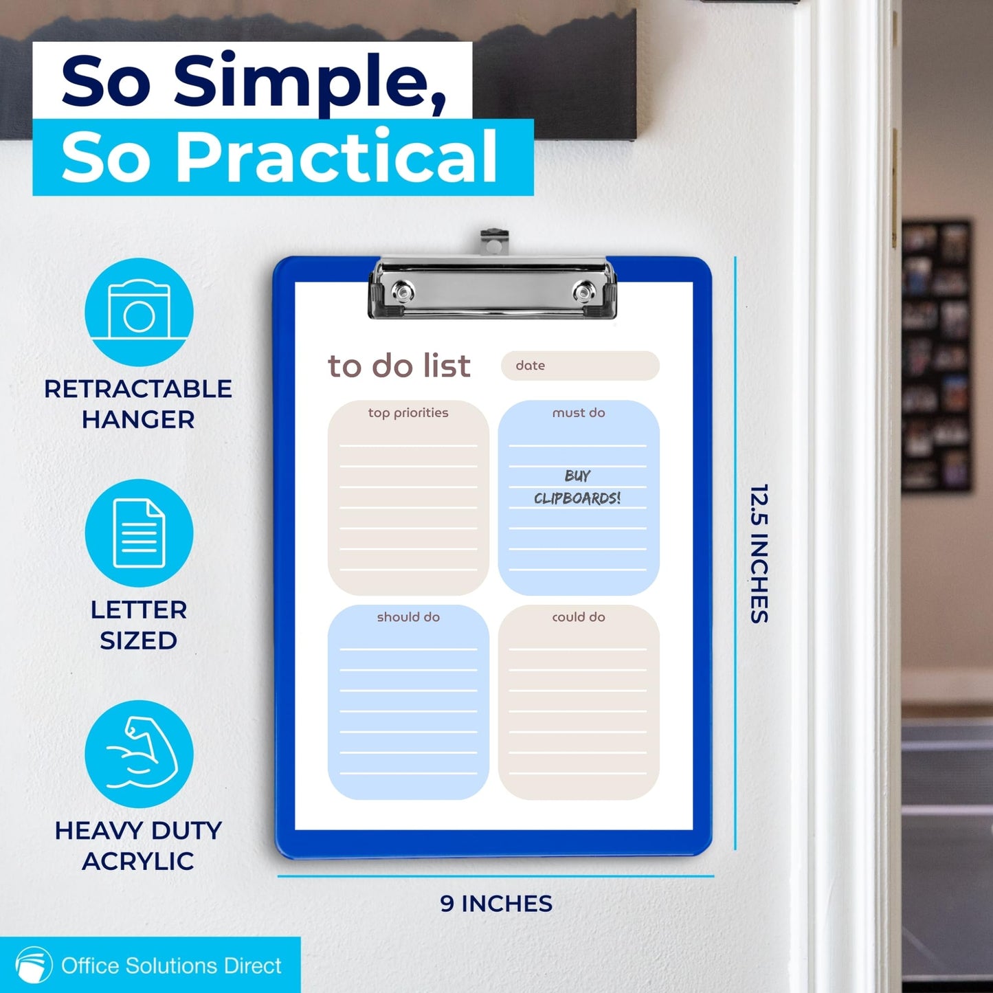 Blue Plastic Clipboard with Low Profile Clip (Pack of 12) - Letter Size Clip Board Blue with Flat Clip, A4 Size Acrylic Clipboard for Boys and Girls | Cute Aesthetic College & Back to School Supplies