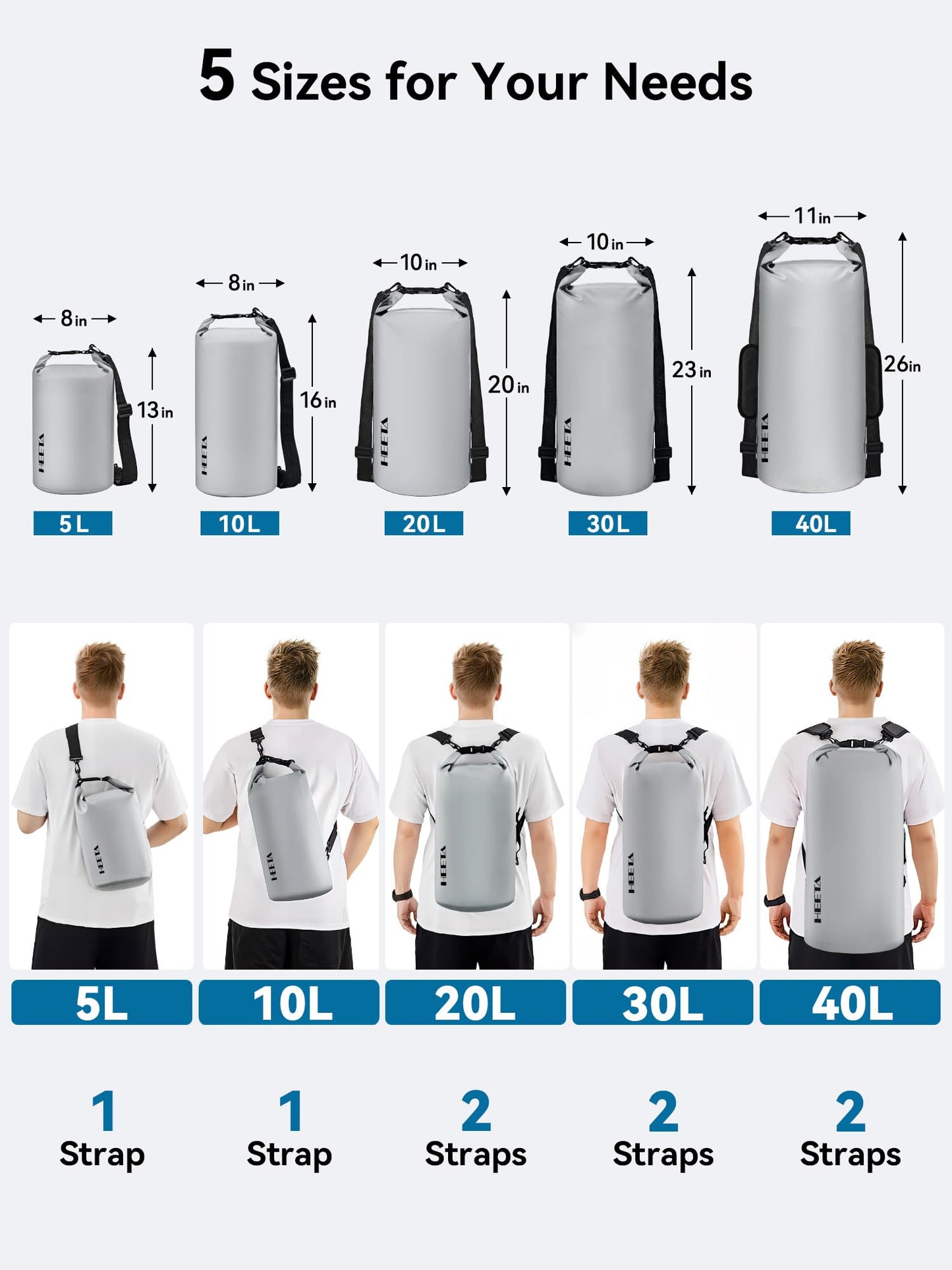 HEETA Waterproof Dry Bag for Women Men, Roll Top Lightweight Dry Storage Bag Backpack with Emergency Whistle for Travel, Kayaking, Boating, Camping, Beach, Cruise Ship Essentials (Light Grey, 5L)