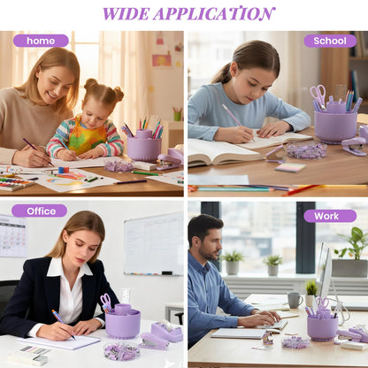 Smloplom Purple Desk Accessories, 11Pcs Desk Organizer with 360°Rotating Pen Holder, Stapler, Staples, Staple Remover, Pen, Ruler, Tape Dispenser, Tape, Clips, Scissor, Notes, Office Supplies