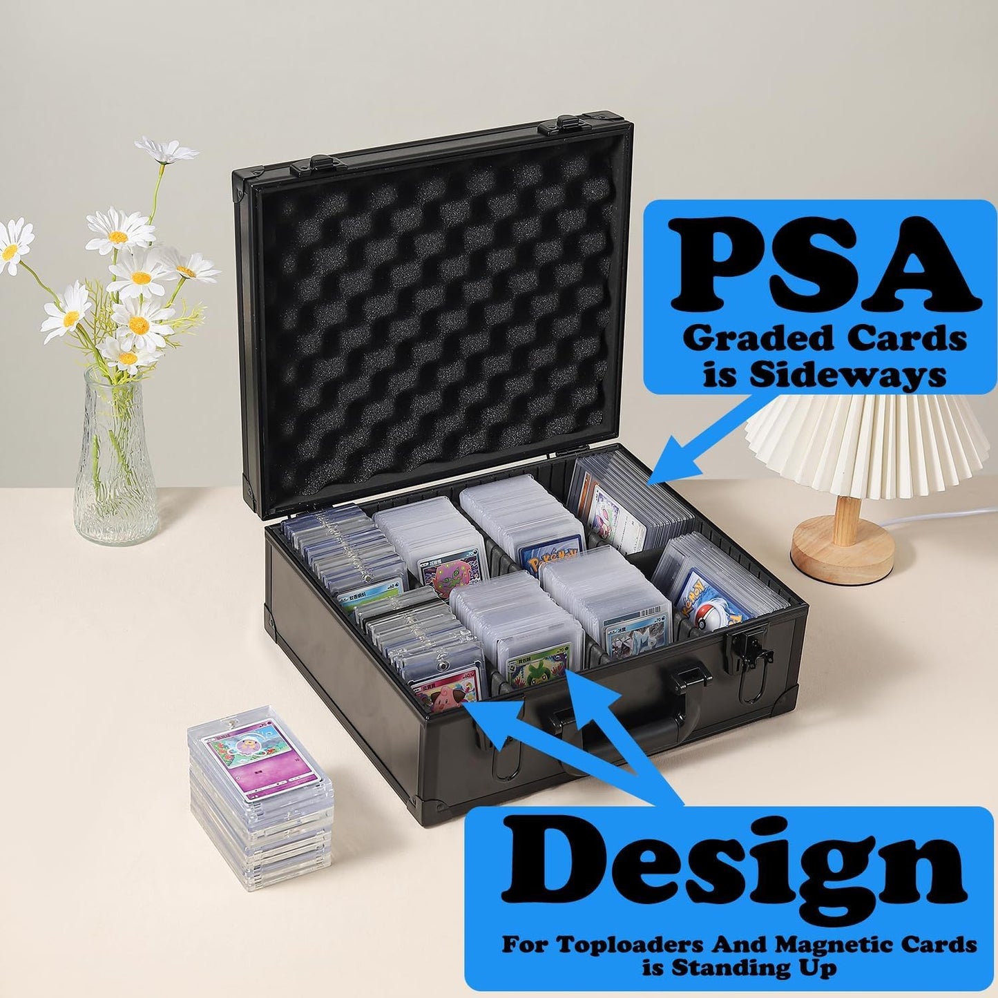 Azamou Toploaders Storage Box for 3" x 4" 35pt Rigid Cards, Trading & Sports Cards, Graded & Rating Cards, with 7 DIY Sponge Partitions (Holds 600+ Toploaders, M600-Black)
