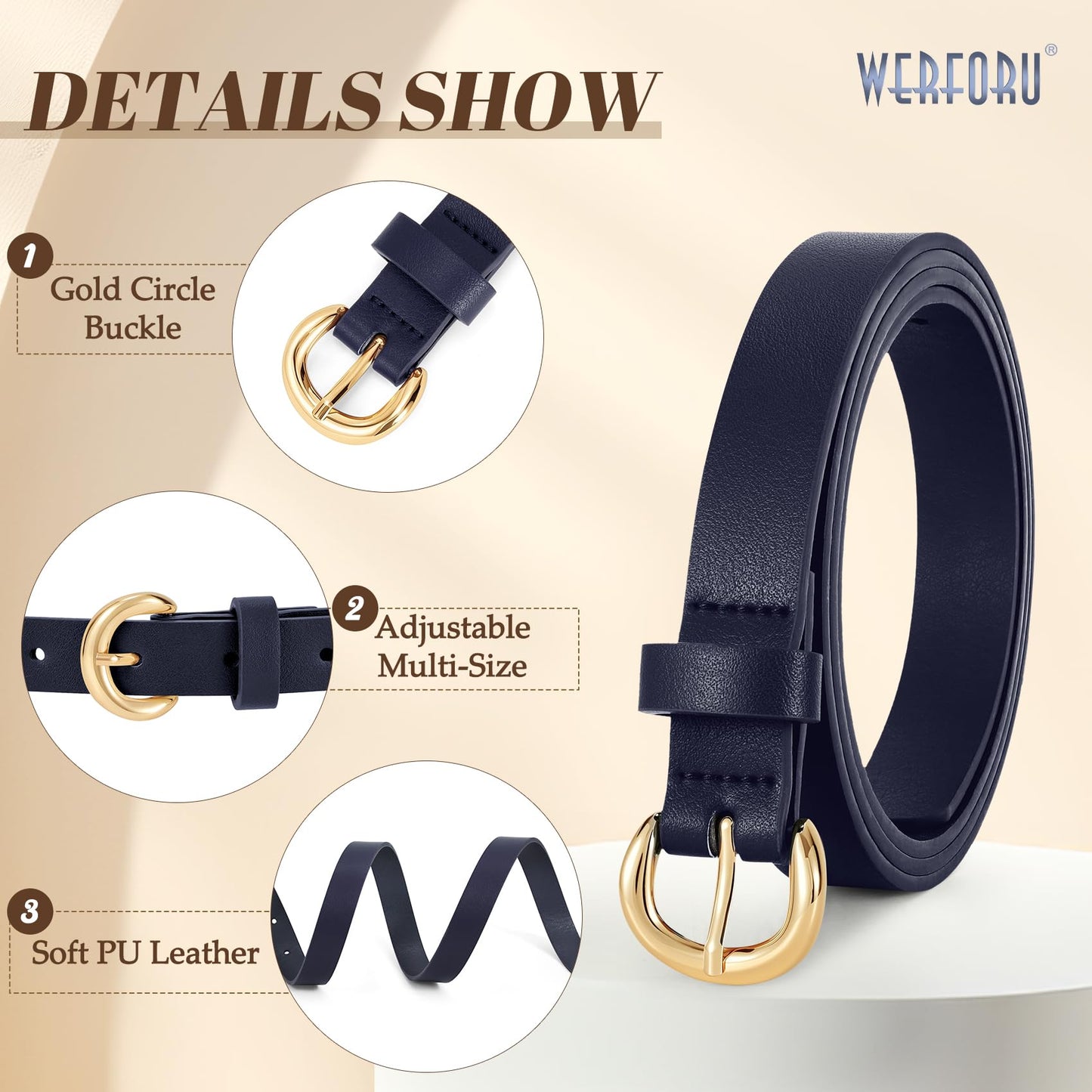 WERFORU 3 Pack Women Skinny Belt Thin Waist Belt for Women Leather Belt with Gold Buckle for Jeans Pants Dress 0.74" Width,Black+Brown+Navy blue,Fit Waist Size 37"-41"