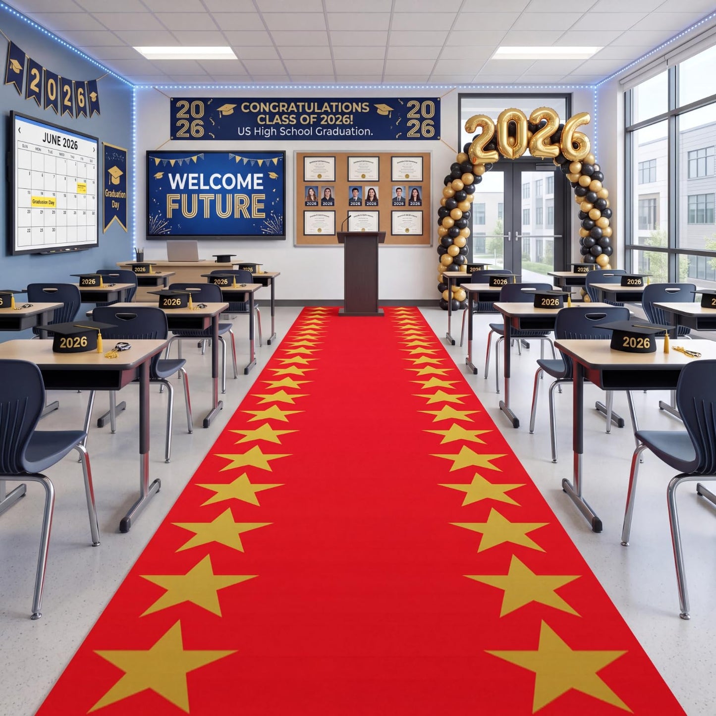 Woanger Plastic Red Carpet Runner for Party 30 μm Thickness Disposable Gold Star Aisle Rugs Prom Carpet Runner for Runway Floor Hallway Movie Theme Wedding Graduation Party Decor(3.3 x 29 Ft,Classic)