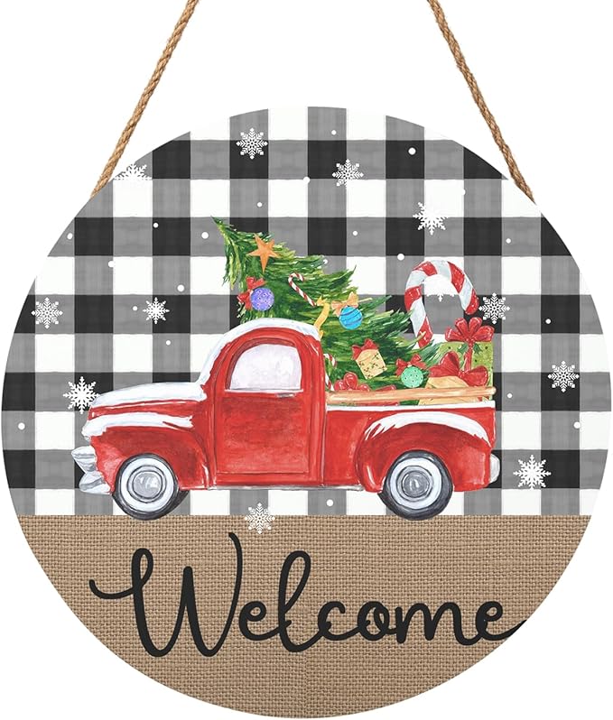 Harooni Christmas Welcome Front Door Sign for House Merry Christmas Holiday Decoration Hanging Sign Red Truck Xmas Round Wood Wreaths for Home Wall Porch Yard Garden Farmhouse Christmas Day 12"x12"