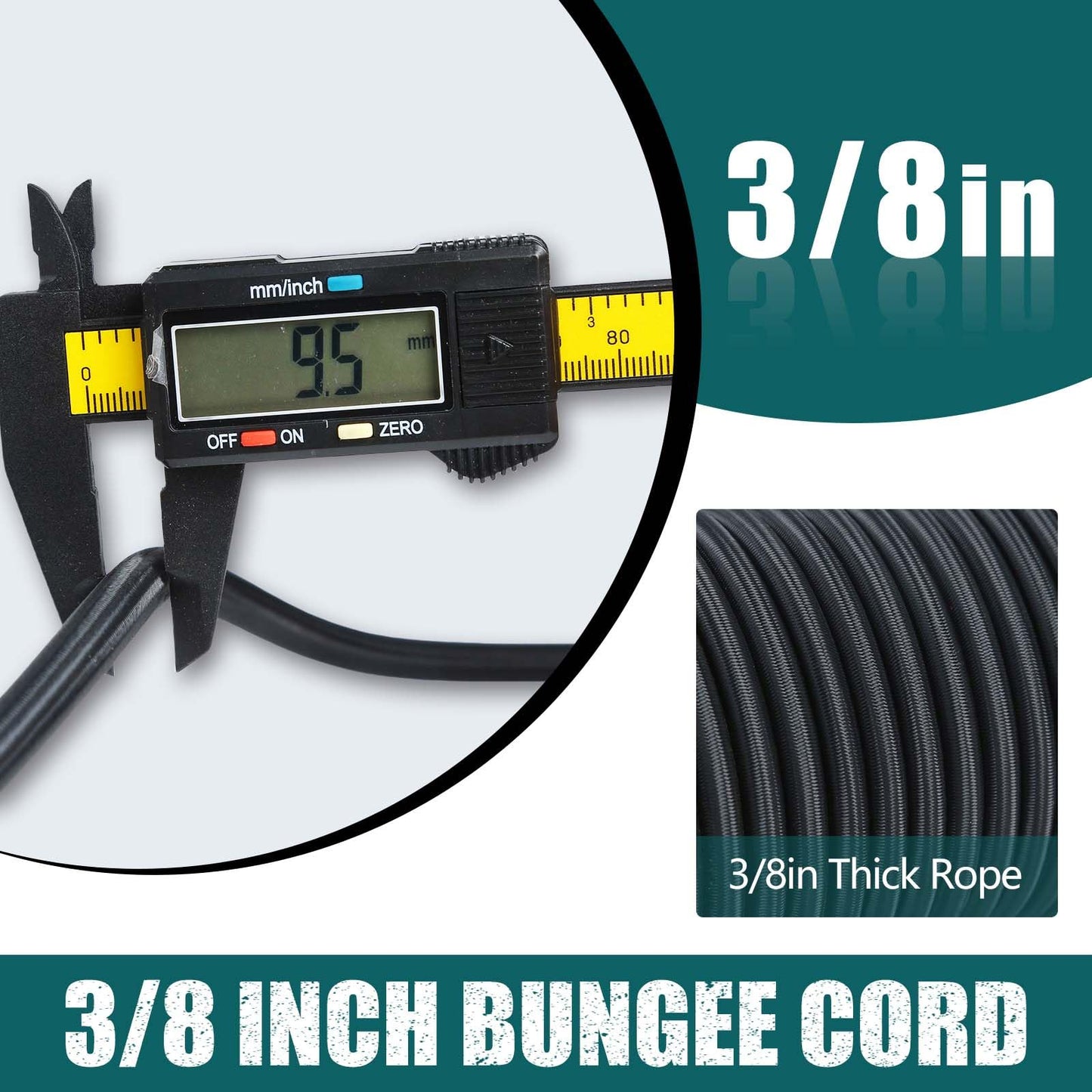 Zakous Strong and Durable Bungee Cord - 3/8" x 50ft Elastic Cord, Kayak Stretch String Rope, Bungee Shock Cords for Repairing Tent Poles, DIY, Tie Downs, Black