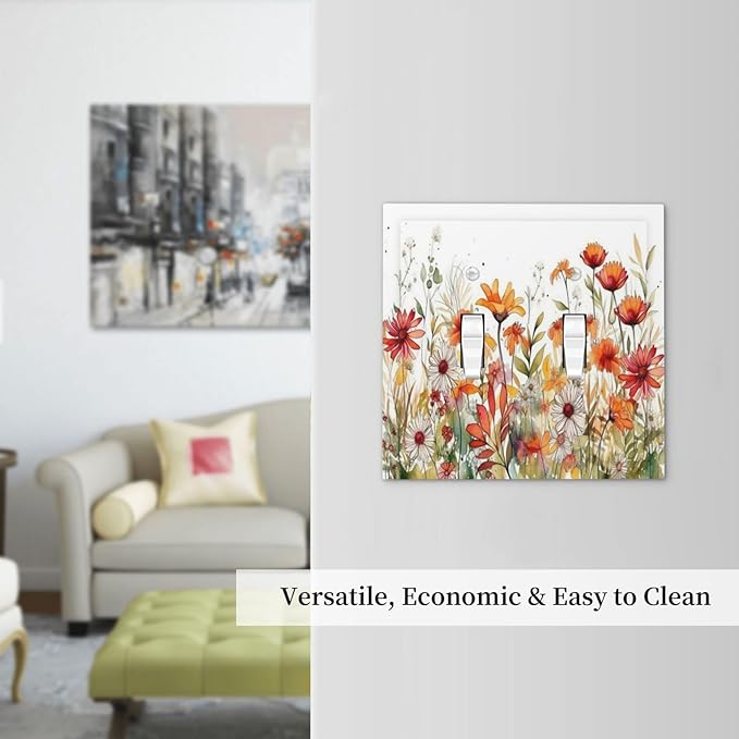 Watercolor Wild Flower Floral 2 Gang Light Switch Plate Cover Double Toggle Wall Plate Decorative Switchplate Electrical Faceplate for Nursery Bedroom Bathroom Decor