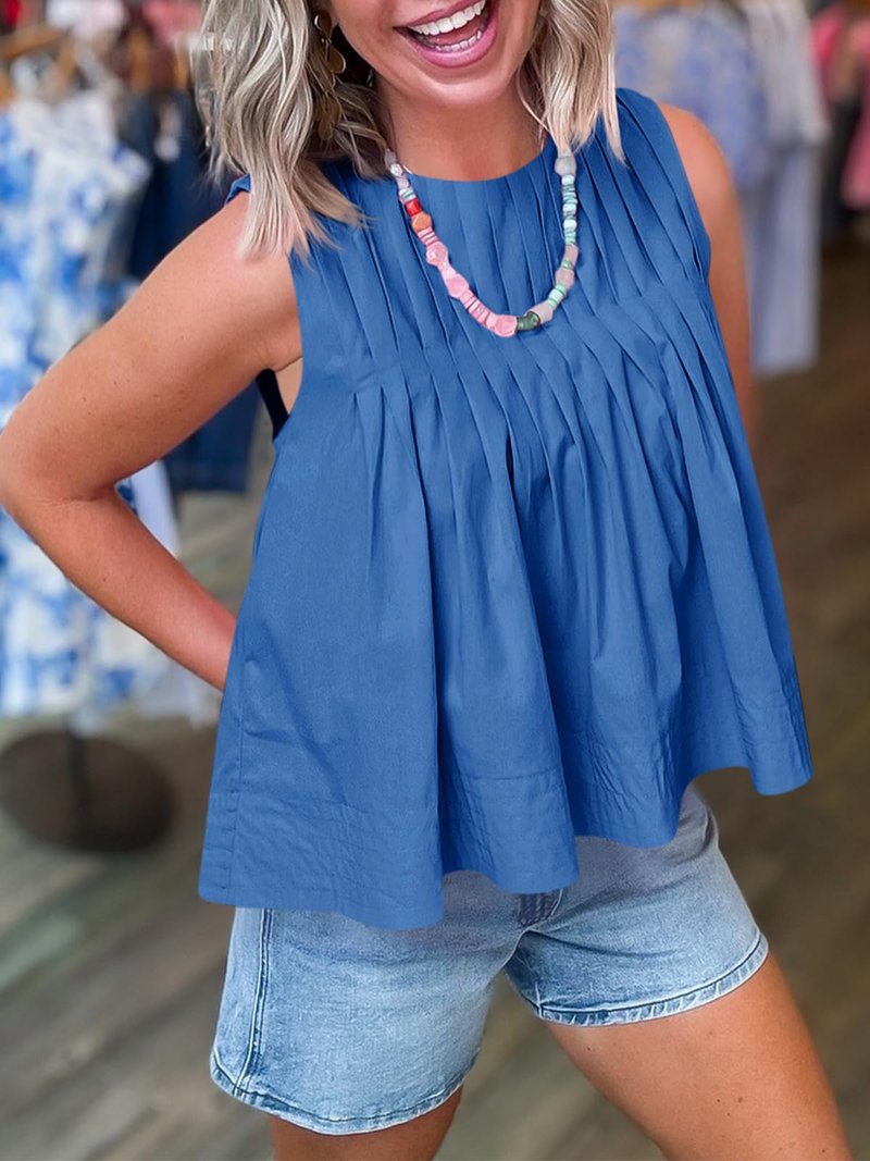 Cicy Bell Womens Summer Peplum Tops Casual Babydoll Sleeveless Cotton Tank Tops Flowy Pleated Shirts Blue
