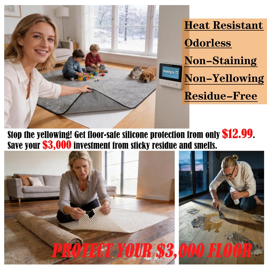 Mayhawk Non-Slip Rug Gripper Pad: Vacuum Tech for Stronger Grip, Adhesive and Residue-Free Silicone, Safe for Hardwood Tile & LVP, BPA-Free, Machine Washable, Odorless Tear-Resistant, 2x3 Ft Thin