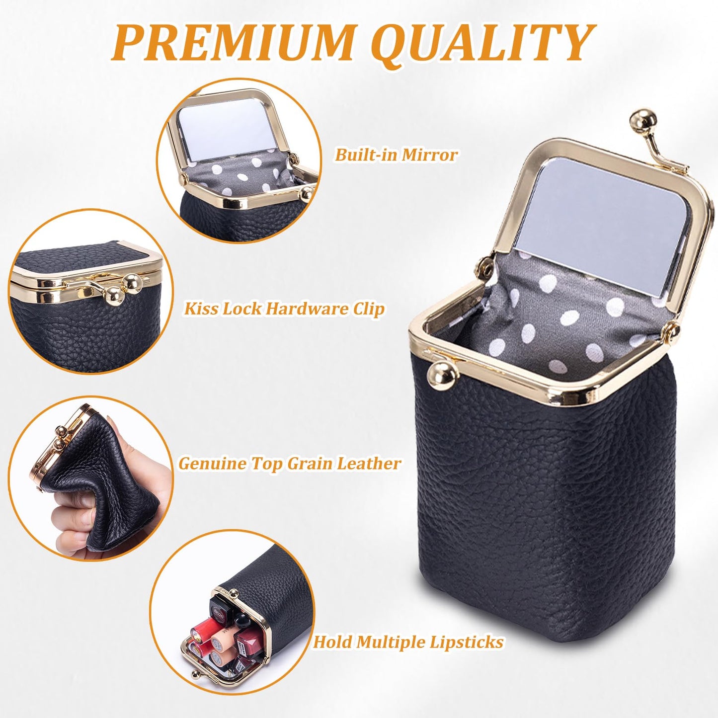 Axcvveiyi Genuine Leather Lipstick Case with Mirror, Travel Mini Durable Soft Cosmetic Bag for Women,Retro Kiss Lock Toiletry Bag Suitable Daily Touch-up (Wine Red)