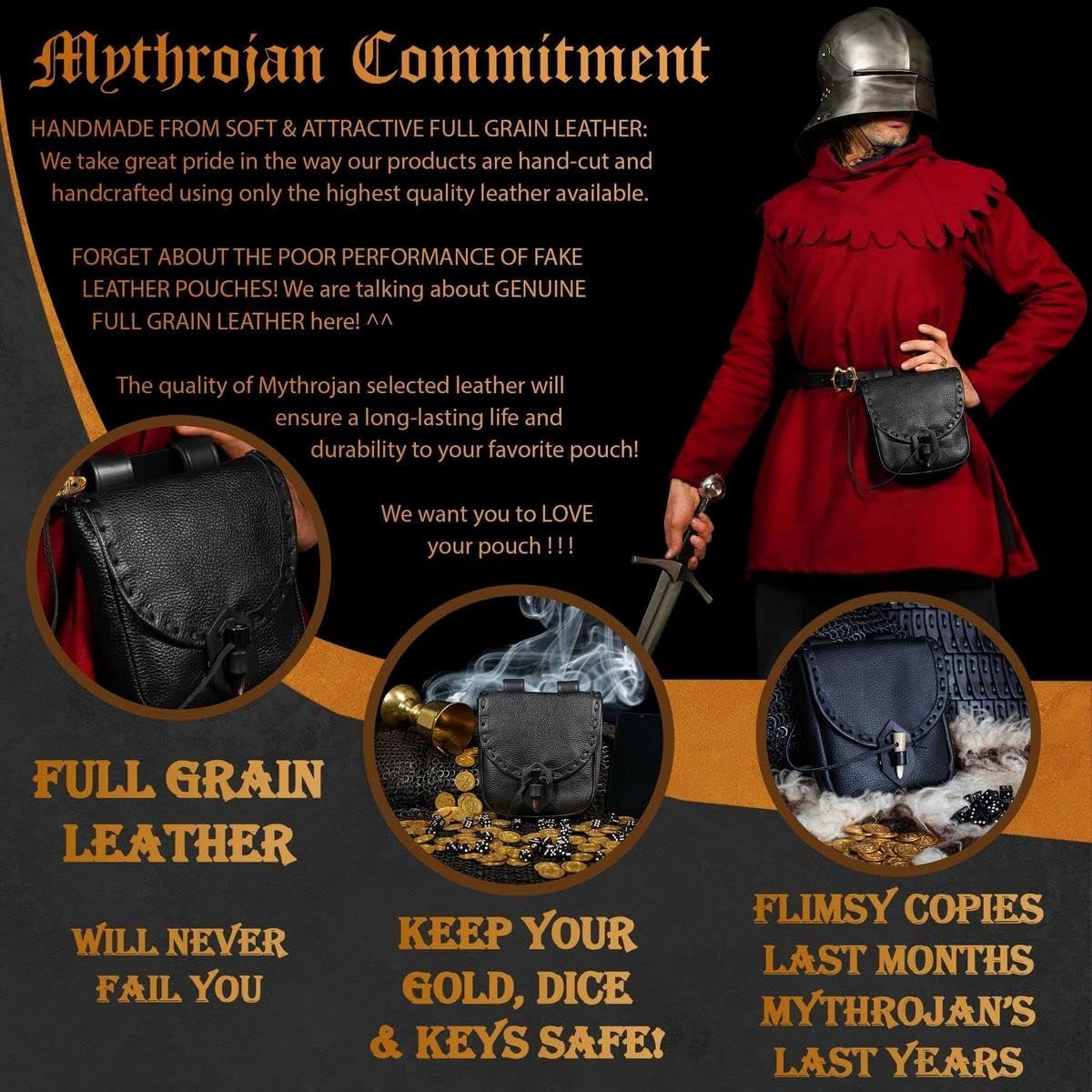 Mythrojan Leather Belt Pouch Medieval Original Leather Bag Costume Accessories Pouch Viking Belt Coin Bag (Leather Pouch, Black)
