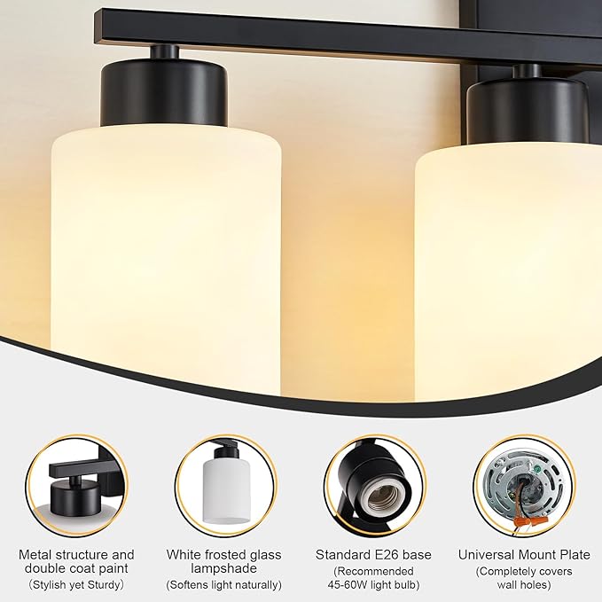 Black Bathroom Light Fixtures, 5-Light Modern Vanity Light Over Mirror, Wall Sconces with Milky White Frosted Glass Shades, E26 Socket (Bulbs Not Included)