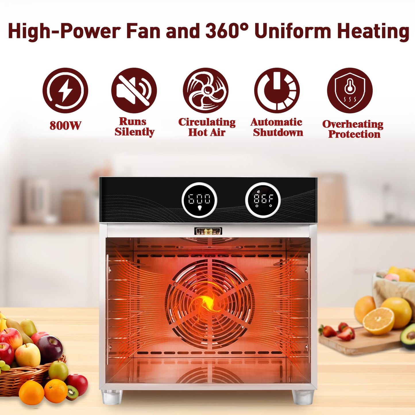 Food Dehydrator with 6 Stainless Steel Trays, with Electronic knob, 194°F Temperature Adjustable and 0-15 Hour Digital Timer, 800W dehydrators, low noise, for Dog Treats, Meat, Fruit, Jerky and Herbs