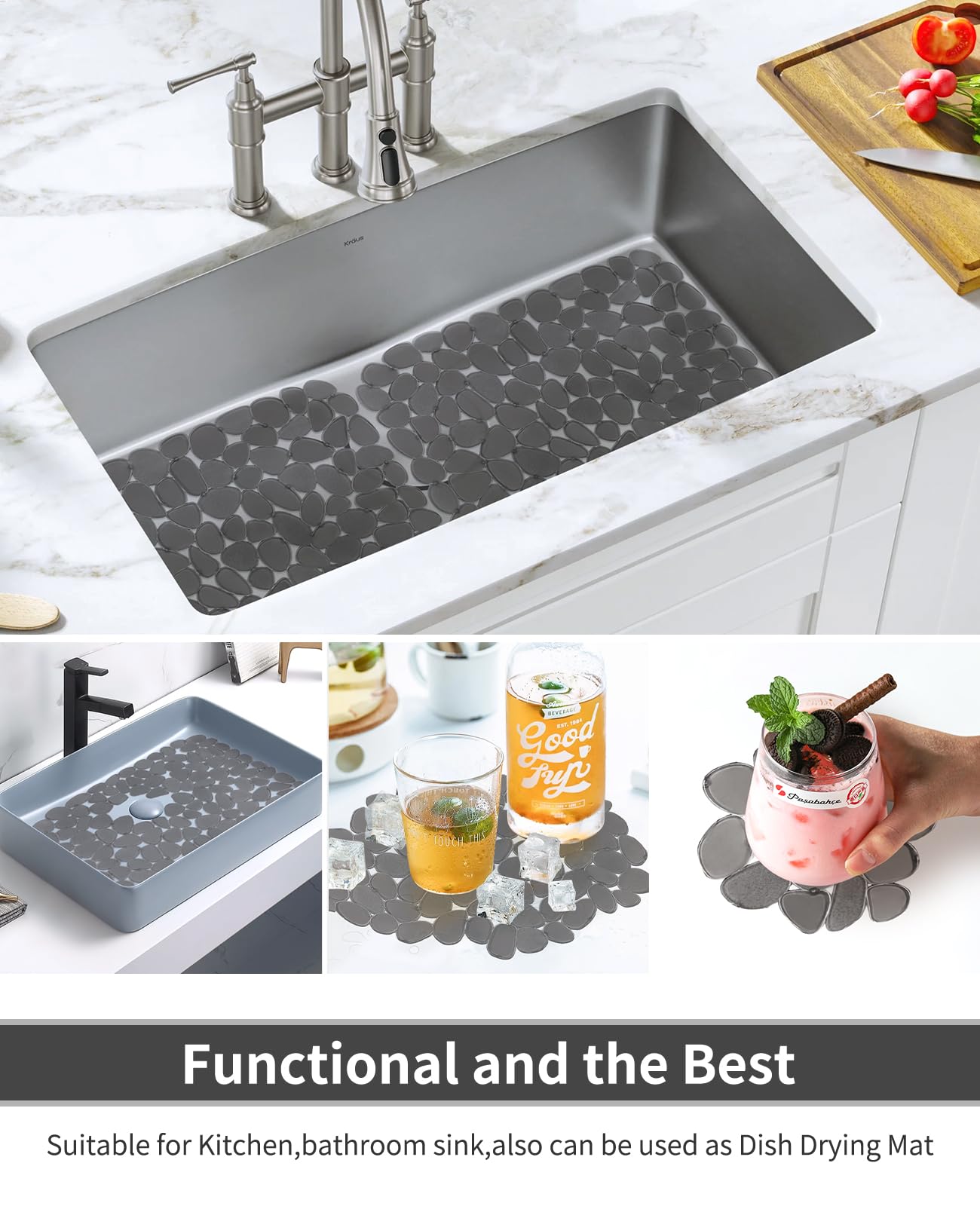 Bligli Pebble Sink Mat for Stainless Steel/Ceramic Sinks, 2 Pack PVC Sink Protectors Mats for Bottom of Kitchen Sink, Dish Drying Mat for Dishes and Glassware, 15.7 x 11.8 inch, Grey