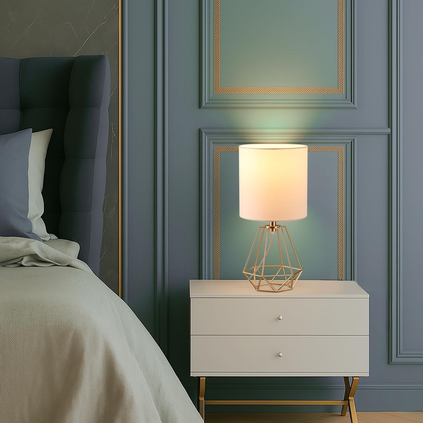 Fengarolam Modern Golden Metal Table Lamp,14" Small Bedside Lamp with Hollowed Out Metal Base & White Fabric Shade,E26 Nightstand Desk Lamp for Bedroom,End Table,Living Room&Room Decor