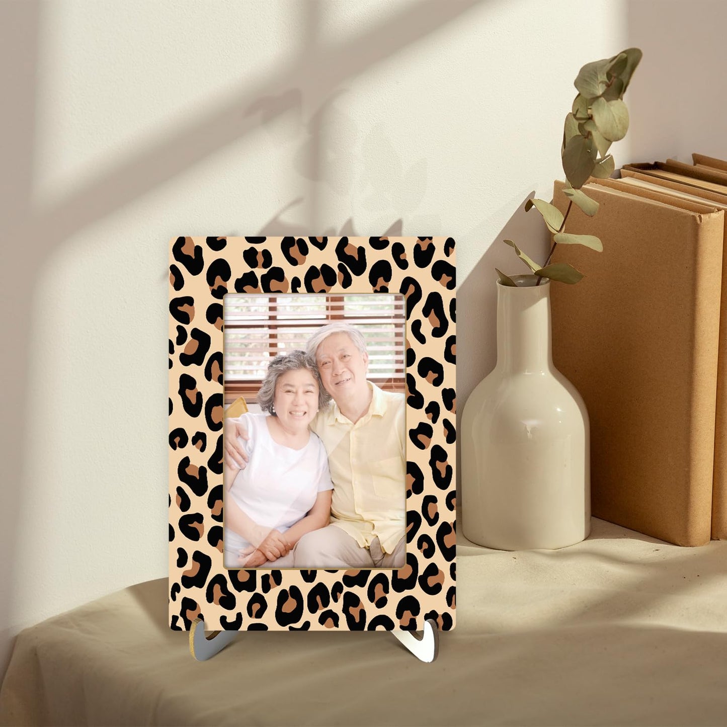 Tabletop Wood Photo Frame, Leopard Desktop Picture Frame with Stand, Girls Daughter Women Mom Gift Party Favor, Home Table Art Crafts Decor Supplies for Living Room Study Bedroom (4x6" Photo) -04