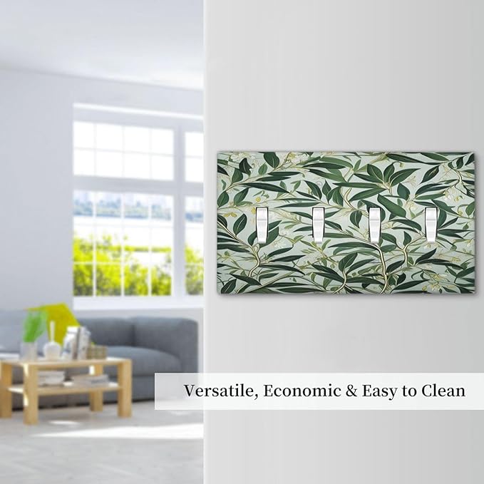 Sage Eucalyptus Leaves Foliage Light Switch Covers Quad Toggle 4 Gang Wall Plate Decorative Switchplate Electrical Faceplate for Farmhouse Bathroom Living Decor