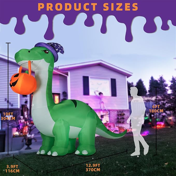 10FT Halloween Inflatable Huge Dinosaur Decorations Outdoor, Blow Up Yard Decorations Built-in LED Lights,Halloween Party Decorations with Witch Hat and Pumpkin,for Garden/Lawn.