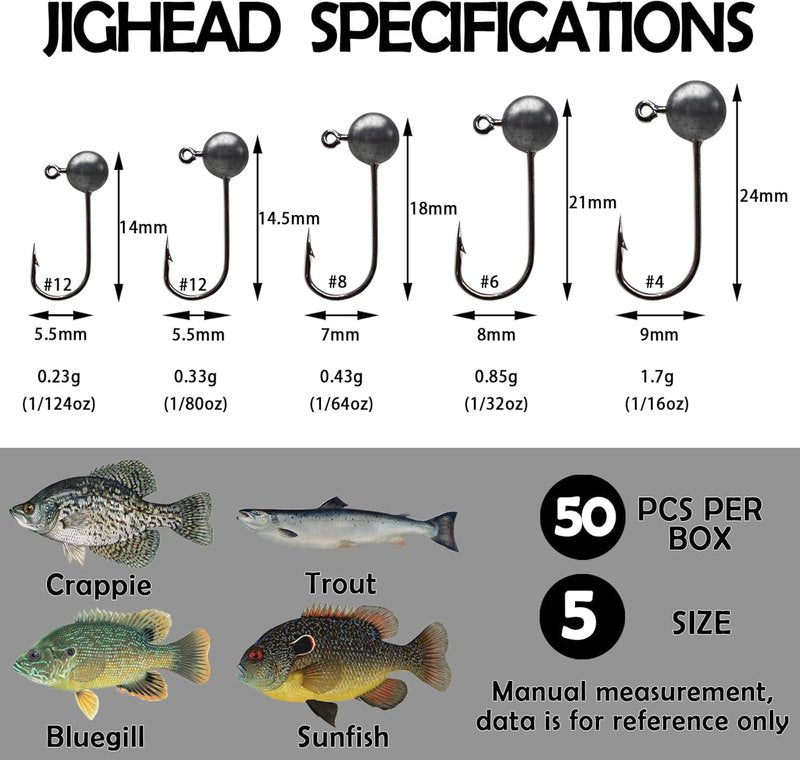 Fly Tying Jig Heads Kit - 50pcs Jig Hooks for DIY Lure Making | Black, White, Orange, Pink, Chartreuse - Sizes #12 to #2