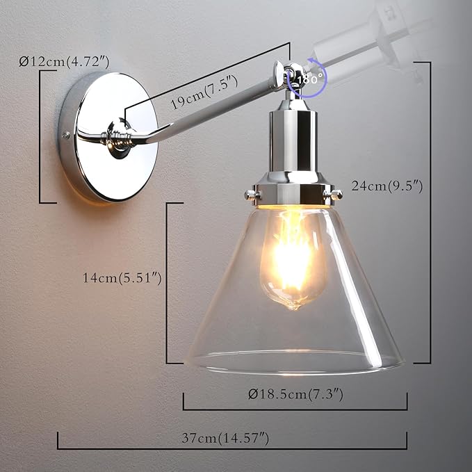 PERMO Industrial Vintage Slope Pole Wall Mount Single Sconce with Funnel Flared Clear Glass Shade Chrome Wall Sconce Light Fixtures
