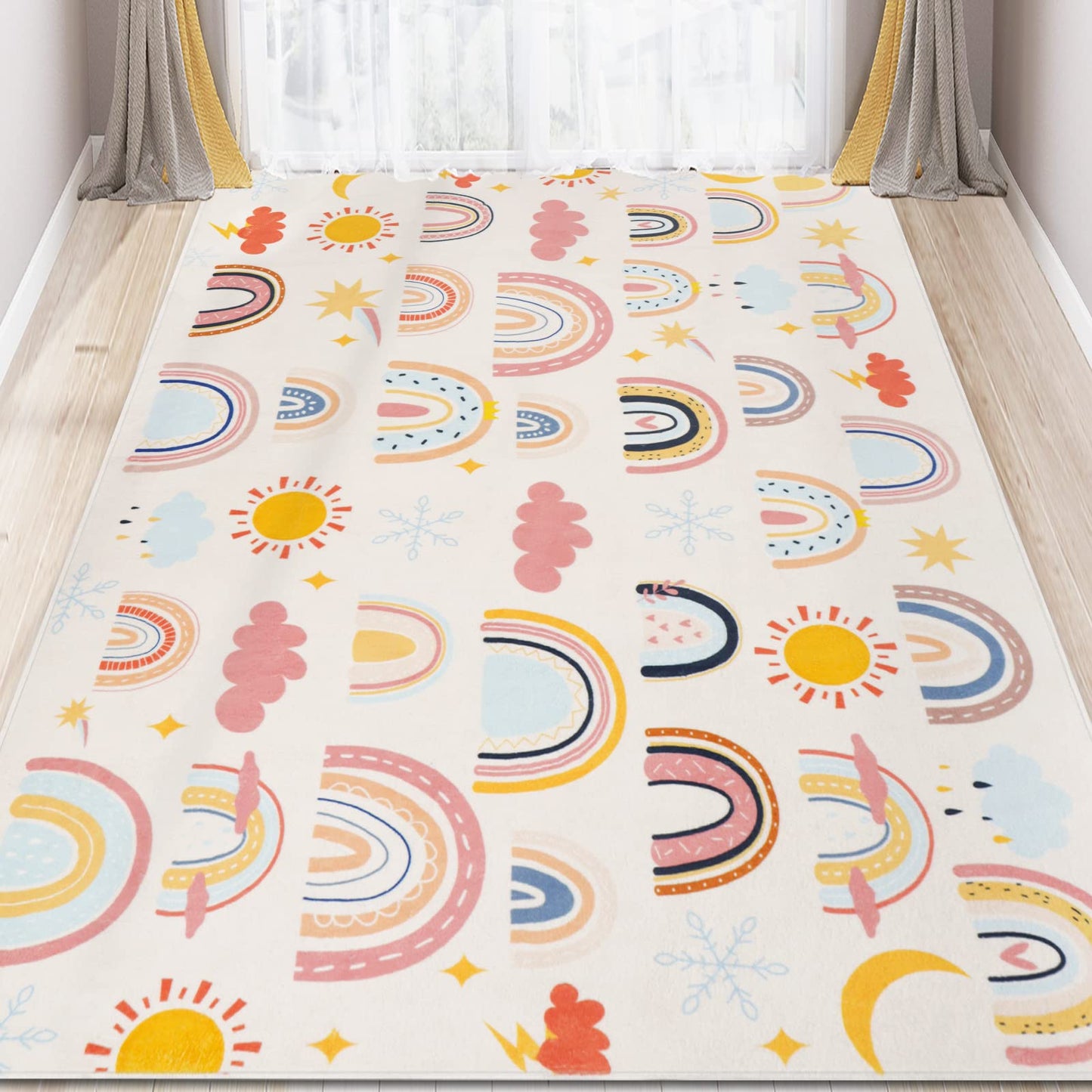 LTKOUGFAM Rainbow Kids Rug 4'11" x 6'6", Soft Kid Area Rug, Large Washable Space Mat, Non-Slip Cute Rainbow Weather Crawling Floor Mat for Living Room Playroom Classroom Bathroom