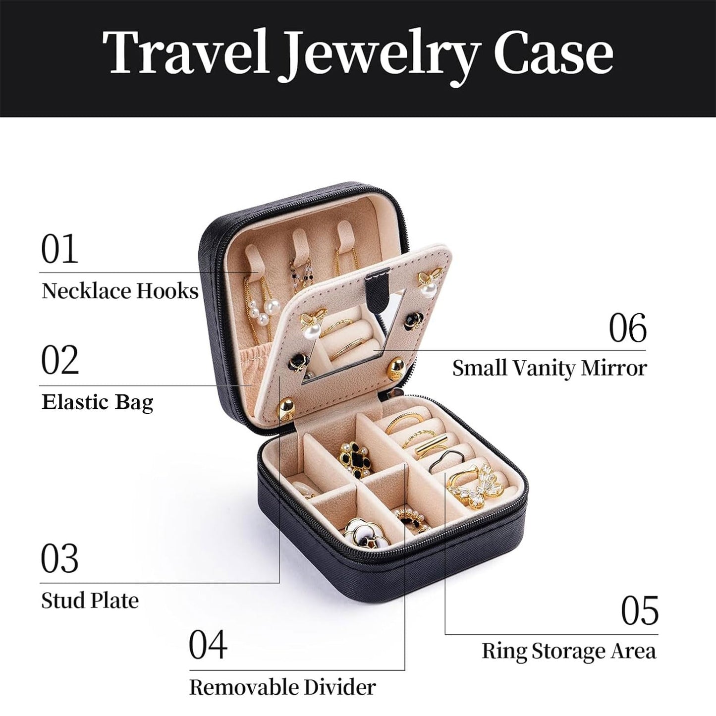 Artinhand Norwegian Rosemaling Folk Style Small Travel Jewelry Case with Mirror Portable Black PU Leather Box Earrings Necklaces Rings Bracelets Storage Organizer Gift for Women And Girls