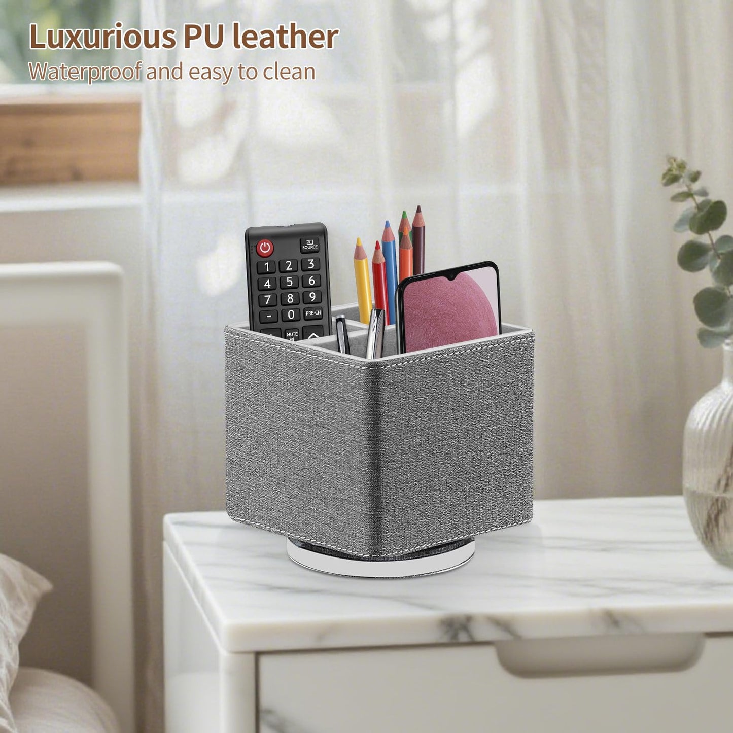 YAPISHI Remote Control Holder, 360° Swivel TV Remote Holder for Table, PU Leather Remotes Caddy, Nightstand Organizer for Media Controllers/Makeup/Office Supplies, Bedside Decorations for Living Room