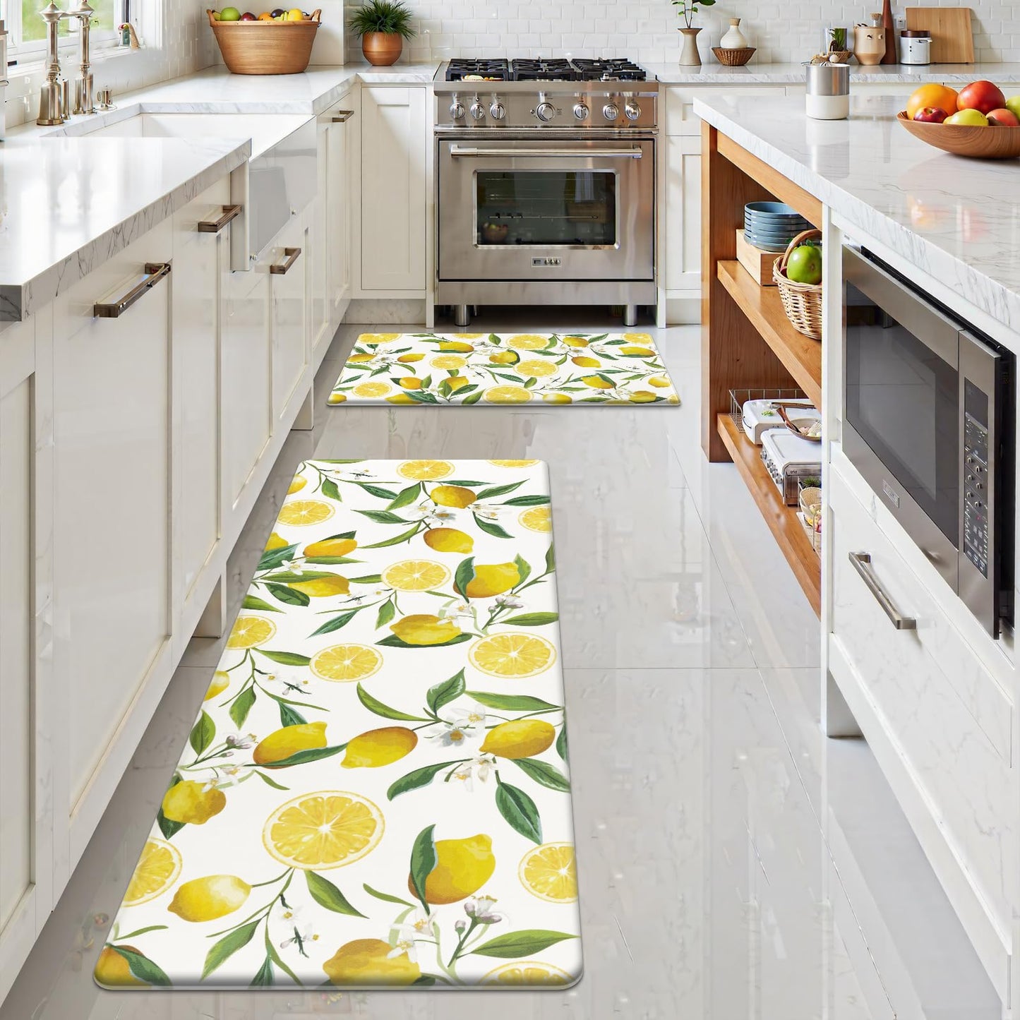 SHACOS Anti Fatigue Lemon Kitchen Rugs Mats Set of 2 Pieces Non Slip Soft Cushioned Wipeable Kitchen Mats for Floor Standing Mats, 17"x27.5"+17"x47", White