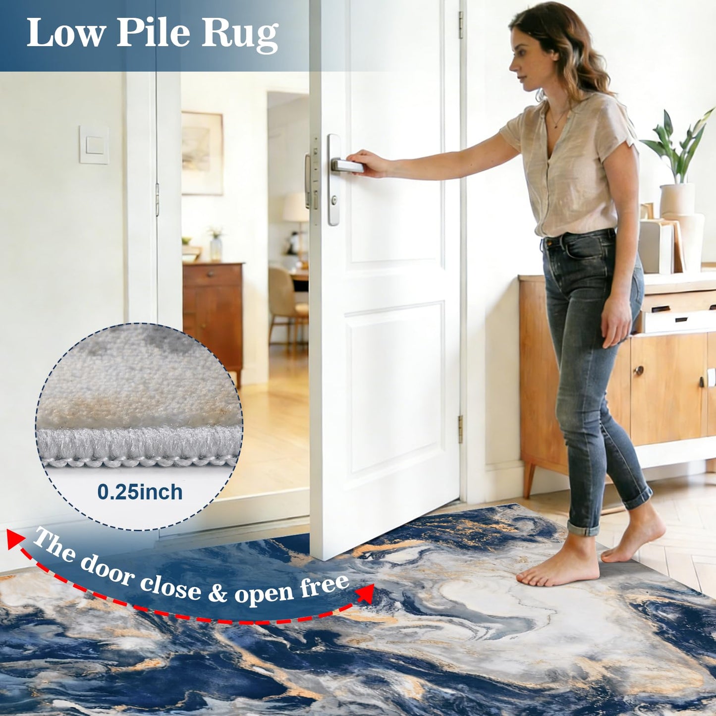 Yinhua Marble Rug 5x7, Blue and Gold Washable Rug Non Slip, Soft Faux Wool Modern Rugs Non Shedding, Low Pile Abstract Area Rugs Non Skid, Stain Resistant Floor Carpet for Living Room Bedroom Office