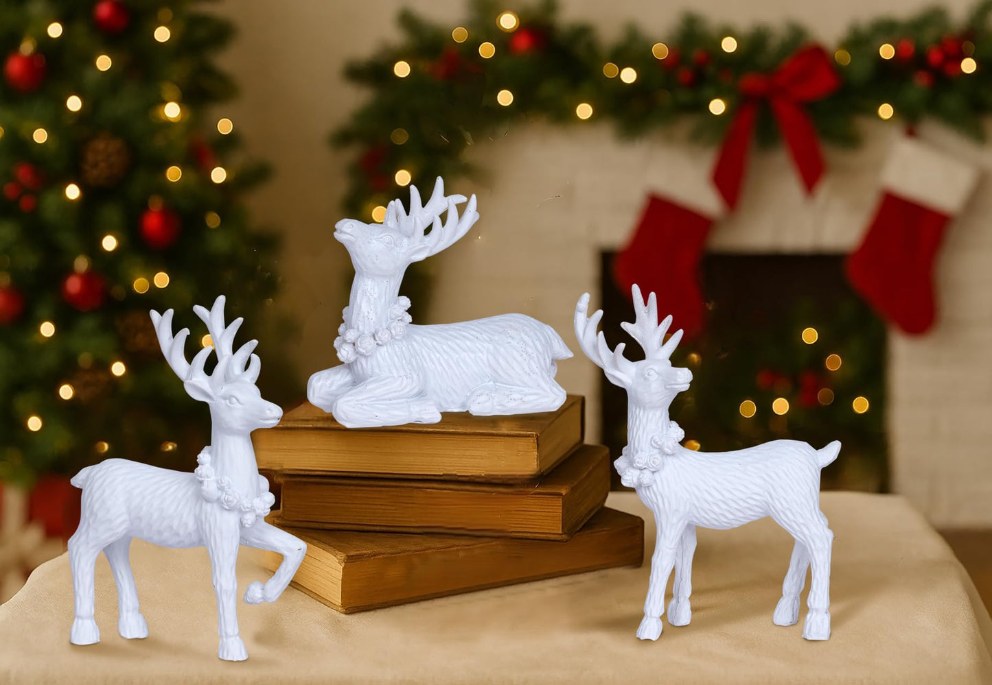 White Christmas Reindeer Decor Set of 3 Resin Standing Deer Figurines Elk Sculpture Christmas Figurine Centerpieces for Home Tabletop Shelf Elegant Xmas Deer Statue Artificial Animal Table Decorations