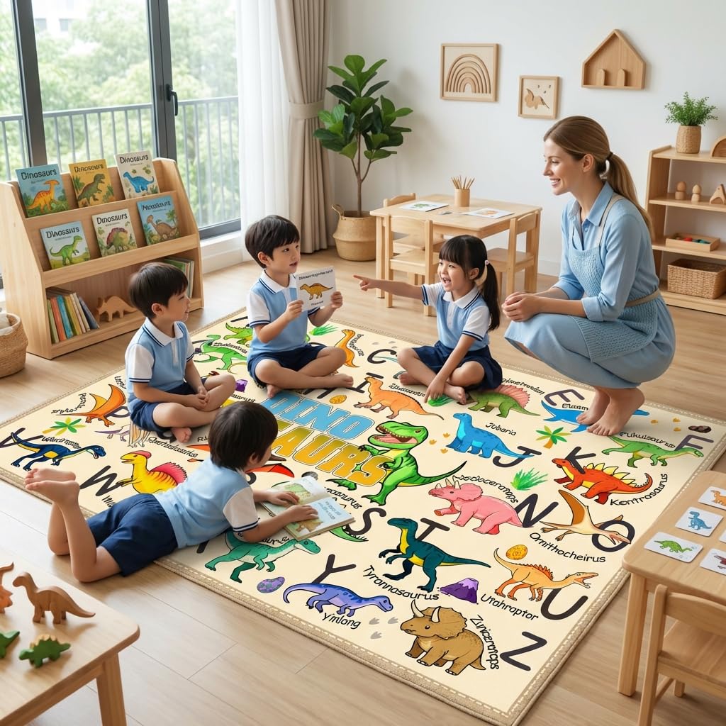 HBUFBUQ Dinosaur Area Rug with ABC Alphabet, Kids Rugs for Playroom 3x5, Non Slip Educational Play Mat for Bedroom Nursery Classroom, Toddler Learning Carpet