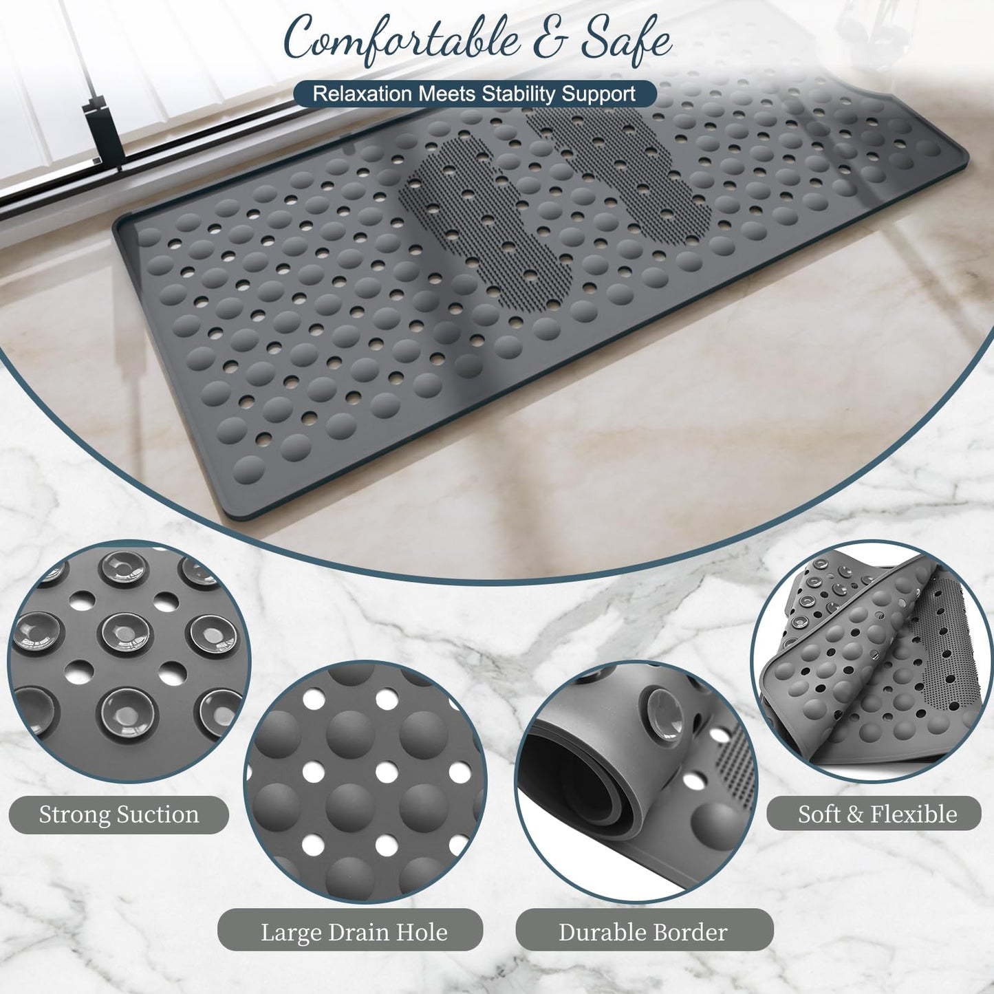 Bath Mat for Tub Non Slip, 35.4 x 15.7 inch Long Bathtub Mats with Suction Cups, Machine Washable Shower Tub Mat for Bathroom Floor and Tub, Soft Silicone Material, Foot Massage Area Design, Gray