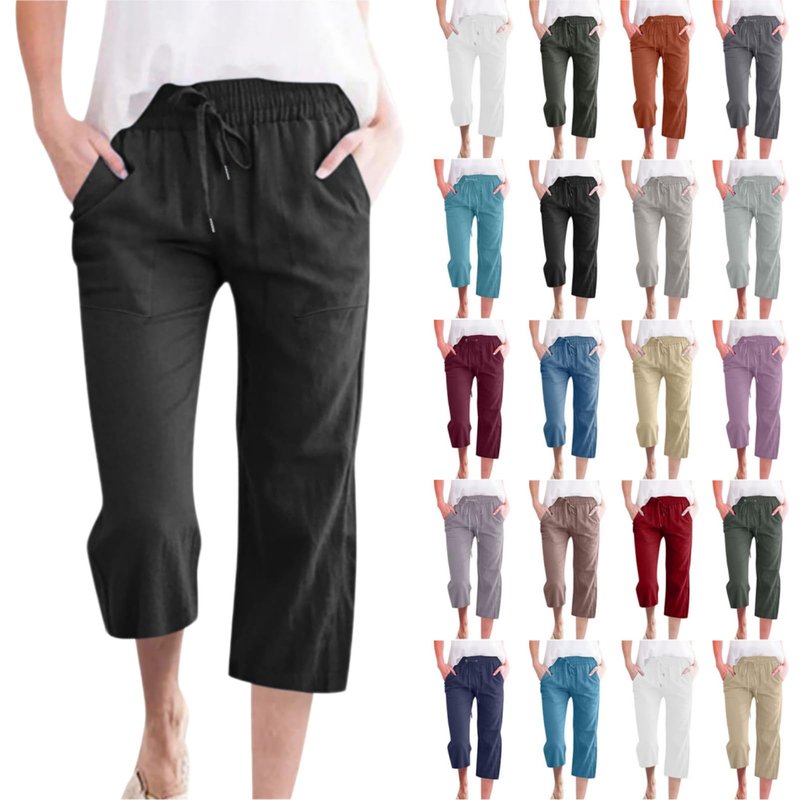 LRMQS Capsule Wardrobe for Women 2026 Linen Clothes Capris Pants for Women Cotton Linen Casual Summer 2025 Straight Wide Leg Loose Drawstring Elastic Waist Cropped Trouser