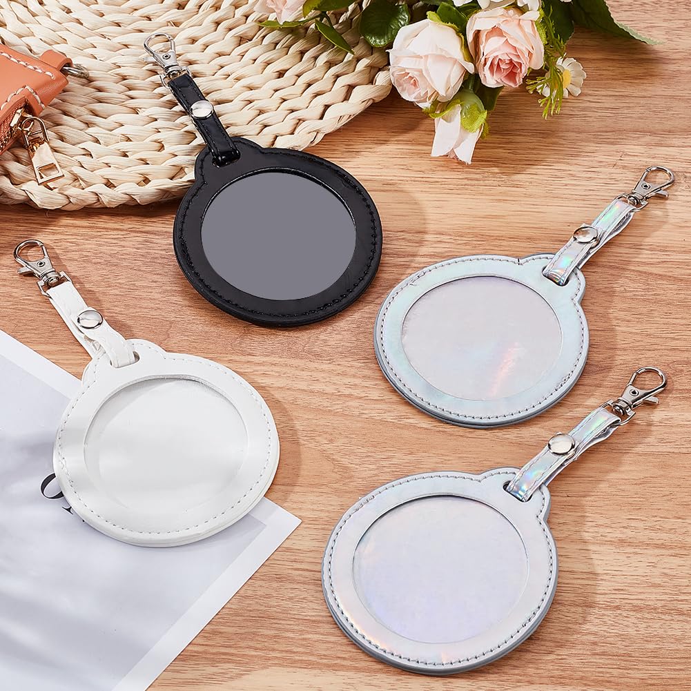 CALFOVERA 4 Colors PU Leather Bag Badge Holder Portable Clear Button Display Case Keychain with Clip Round Badge Protector Carabiner Waterproof Backpack Pendant Cover Keyring for Animation Peripheral