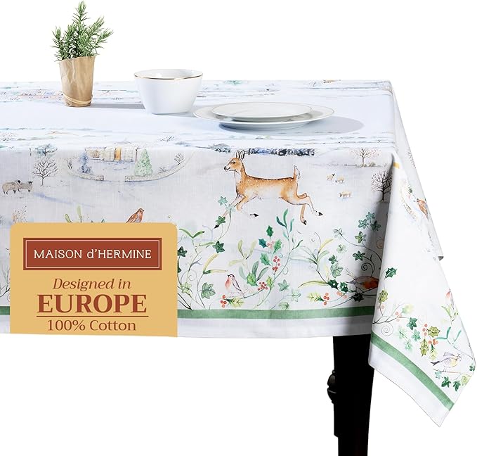 Maison d' Hermine Table Cloth Rectangle Table 100% Cotton 70 x 108 Inches Fall Tablecloth Reusable Everyday Use for Thanksgiving Christmas Decorations Dining Farmhouse Party (Snowy World)