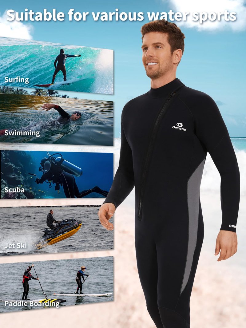 Owntop 5mm Wetsuit for Men - Long Sleeve Full Diving Suits Stretch One Piece Dive Skin UPF50+ Thermal Neoprene Swimwear Ideal for Scuba Surfing Snorkeling, Gray XL