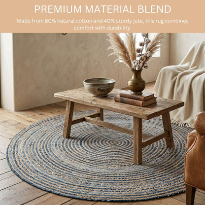 WeWove Hand Woven Area Rug 6 Feet Round - Jute Denim Area Rug Rustic Farmhouse Boho Accent Rug for Living Room Bedroom Kitchen Dorm Entryway Hallway - Handcrafted Floor Rug