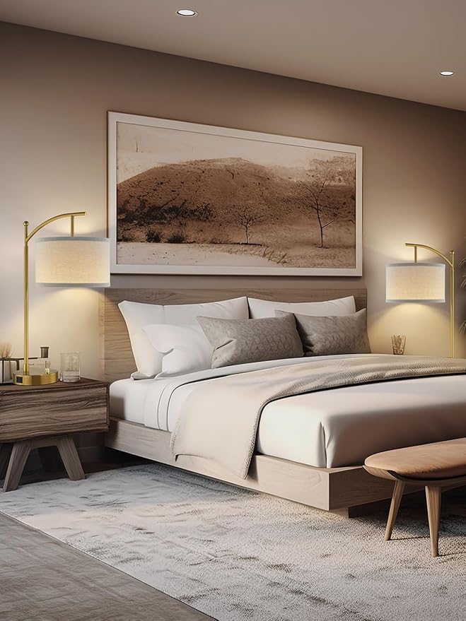 Table Lamp for Living Room Bedroom, 23.5" Table Lamps Set of 2 with USB C+A Ports, Bedside Lamps for Nightstand with Linen Lamp Shades, 2 Dimmable LED Bulbs Included, Gold