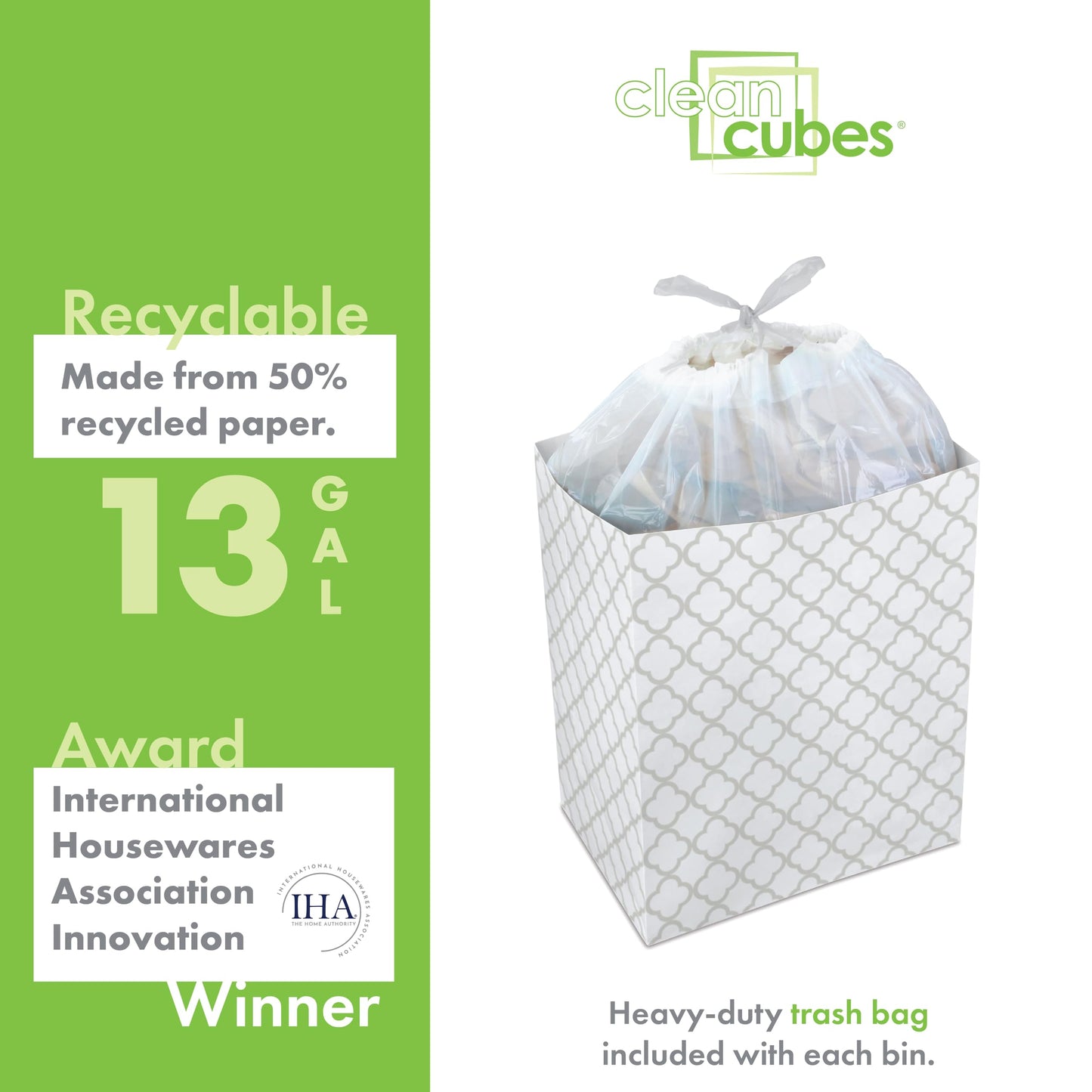 Clean Cubes 13 Gallon Disposable Pop-Up Trash Cans (3-Pack) with Fitted Bags – Foldable Garbage & Recycling Bins for Parties, Events & Kitchen (Trellis, 17" H x 13.5" W x 10" D)